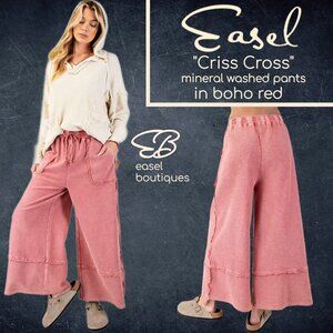 EASEL "Criss Cross" Mineral Washed Cotton Raw Seams Cropped Flared Pants Pockets